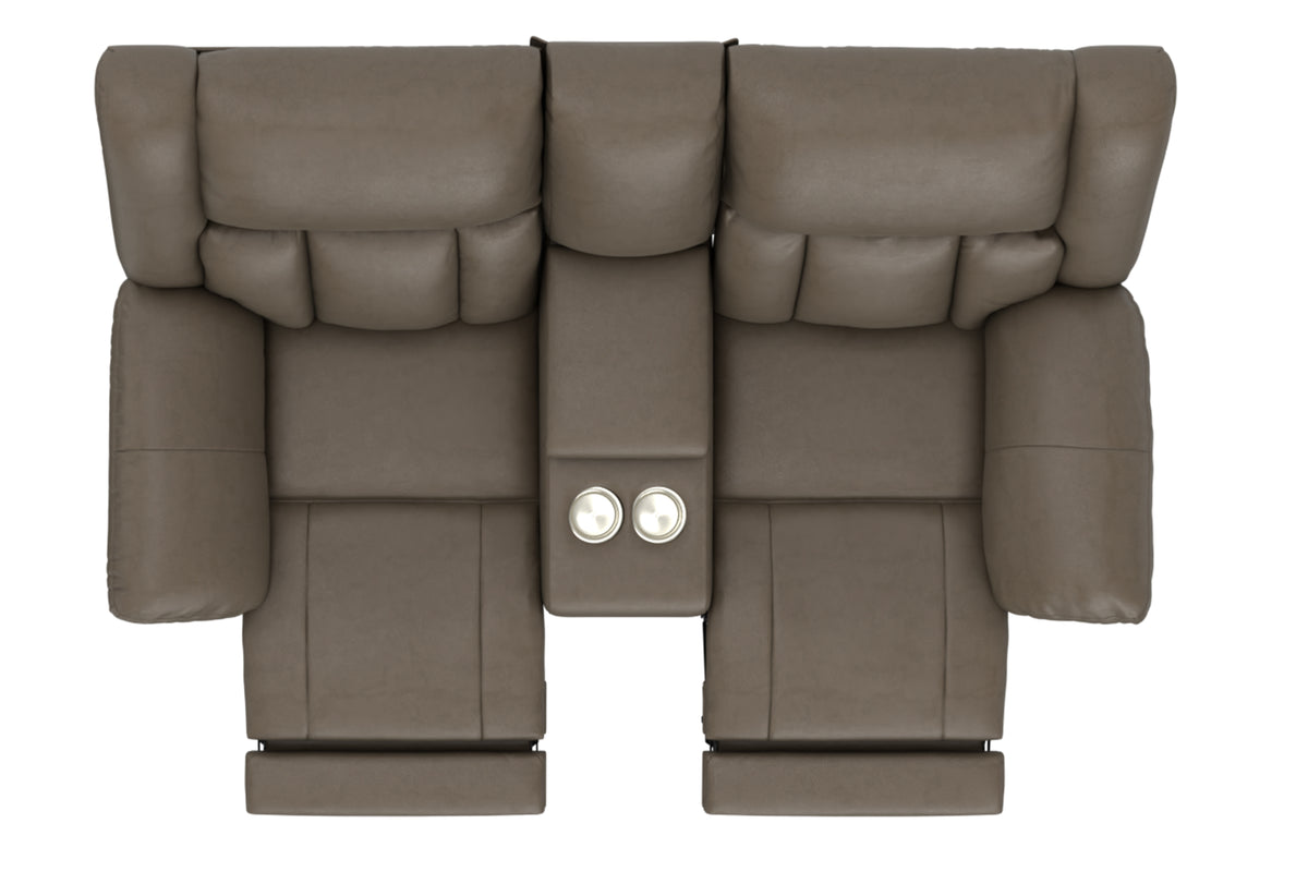 Hugo reclining loveseat in taupe, front view with two round recline buttons