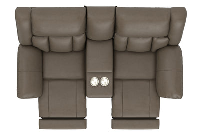 Hugo reclining loveseat in taupe, front view with two round recline buttons