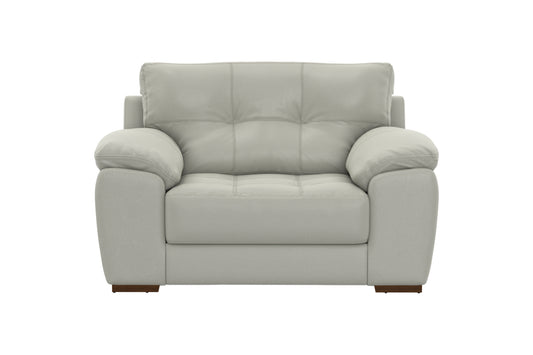 Light gray upholstered armchair with square seat and rolled armrests
