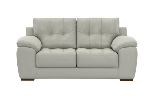 Light gray loveseat with two seat cushions, tufted back, and rolled arms