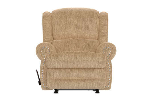Beige fabric rocker recliner chair with padded arms and rhinestone-trimmed edges
