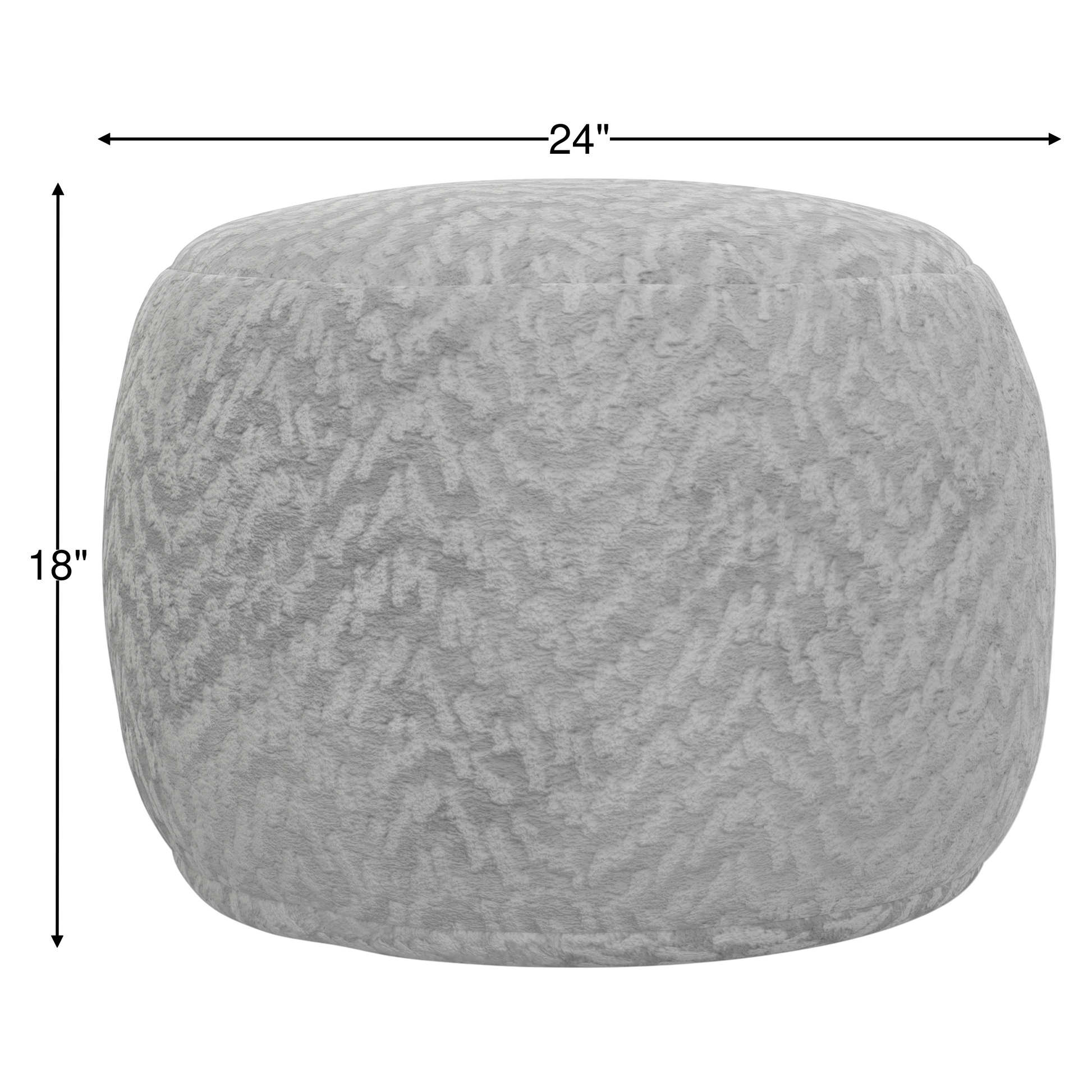 Gray patterned round footstool, 24 in wide and 18 in tall