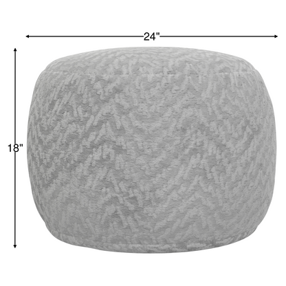 Gray patterned round footstool, 24 in wide and 18 in tall