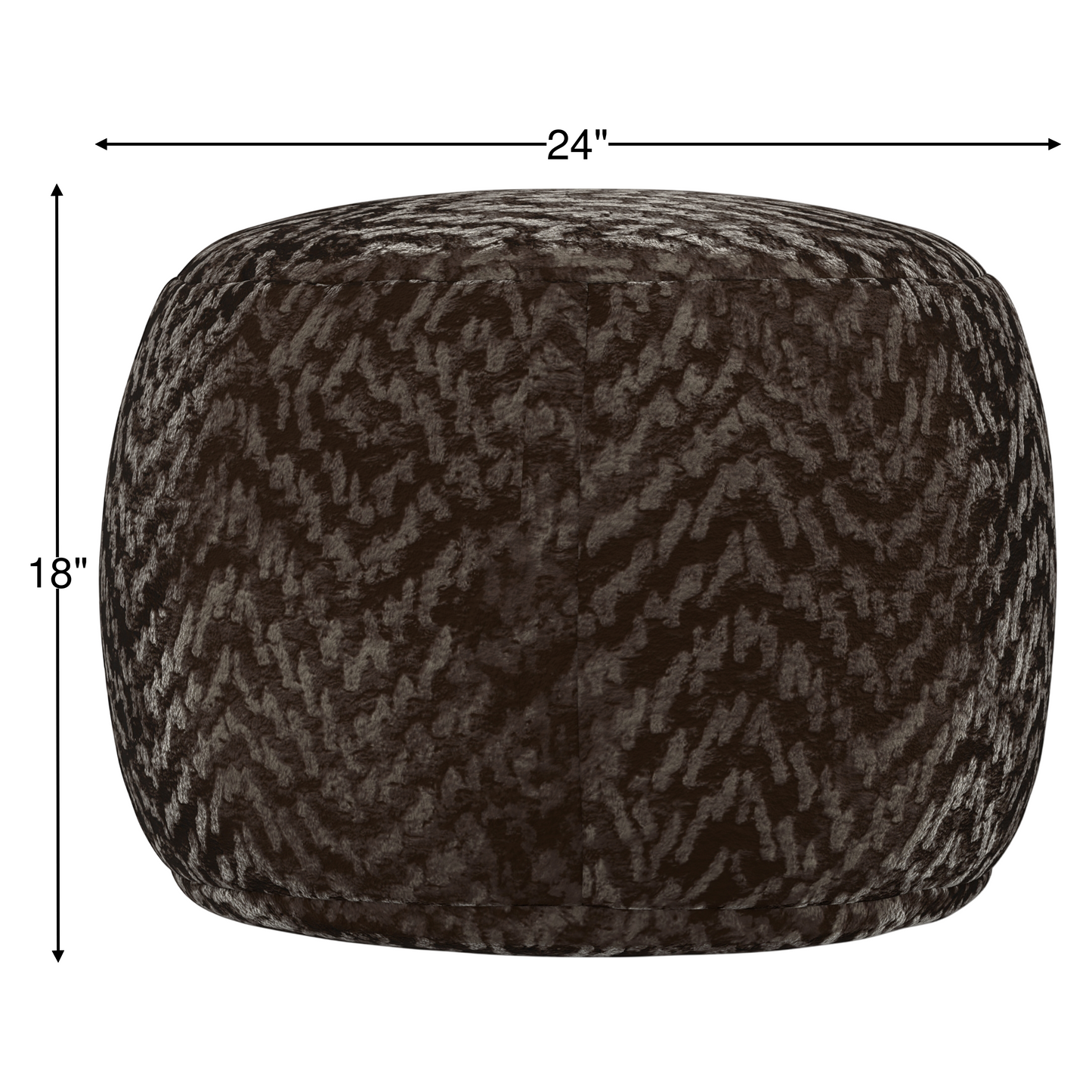 Chocolate-brown patterned round footstool, 24 in wide and 18 in tall
