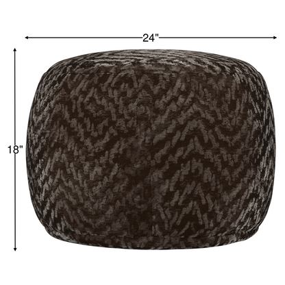 Chocolate-brown patterned round footstool, 24 in wide and 18 in tall