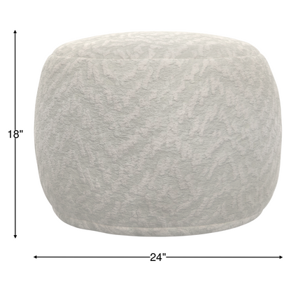 Parchment-beige patterned round footstool, 24 in wide and 18 in tall