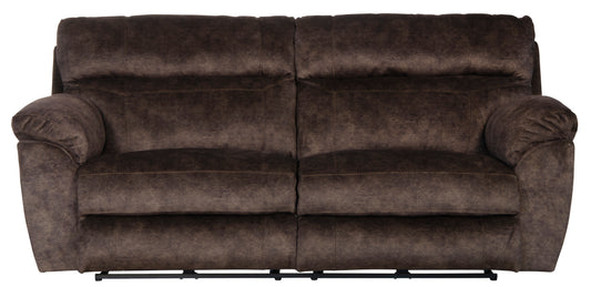 Brown power recliner sofa with two back cushions and deep padded seat arms