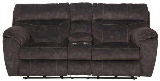 Dark gray-brown power loveseat with recline seat sections, armrests, and tufted back panels.