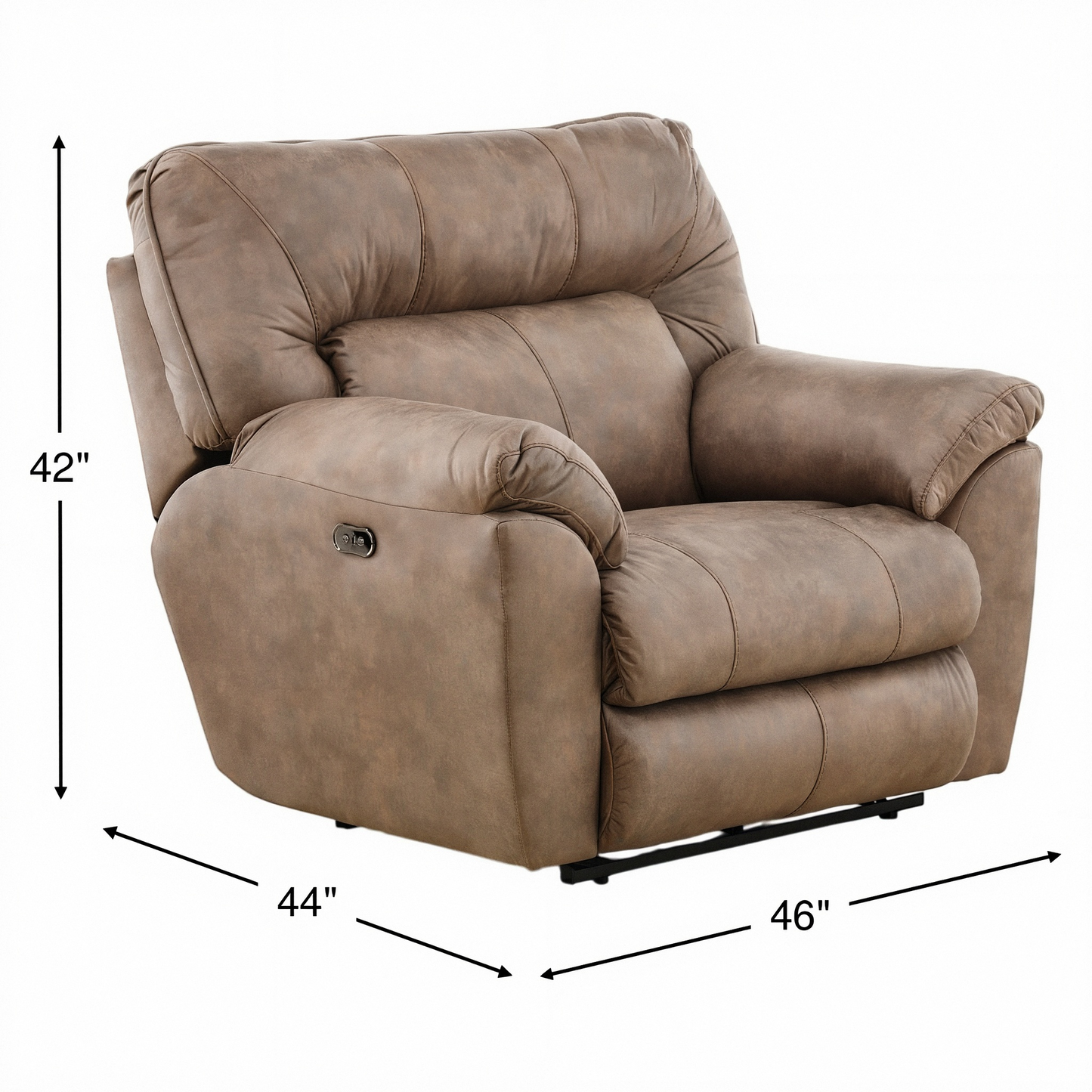 Power recliner chair with tufted back, padded arms, dark taupe upholstery, power control on front
