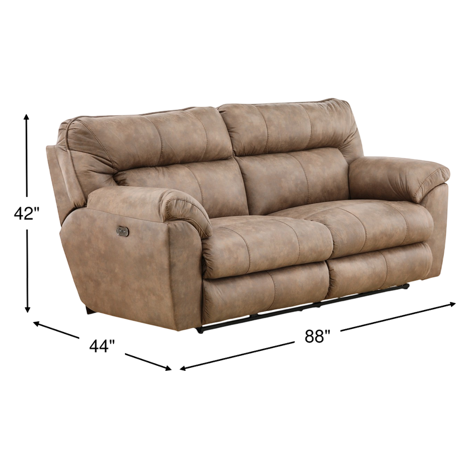 Power reclining sofa, taupe-brown; 88" wide, 44" deep, 42" high