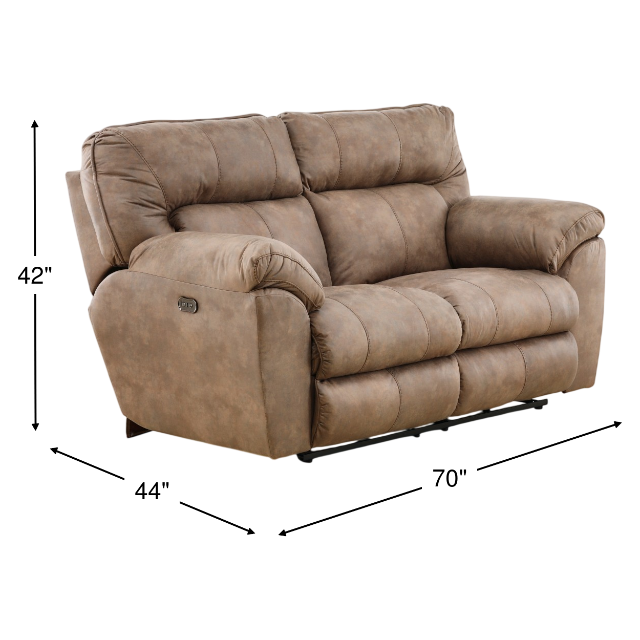Tan power reclining loveseat with padded armrests and cushioned back, full size