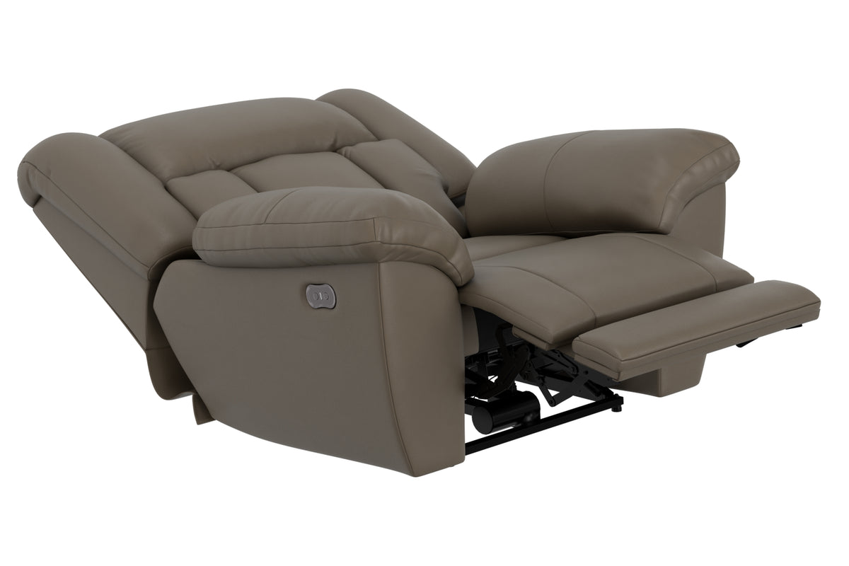 Hugo power recliner taupe, reclining view with open footrest and side arm console