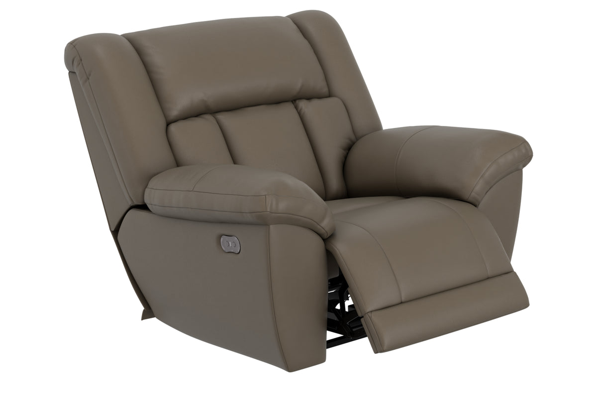 Hugo power recliner taupe, front angle with cushioned seat and padded arm console