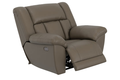 Hugo power recliner taupe, front angle with cushioned seat and padded arm console