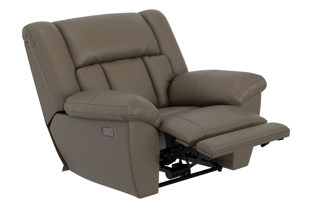Hugo power recliner taupe, side view showing extended footrest and base mechanism