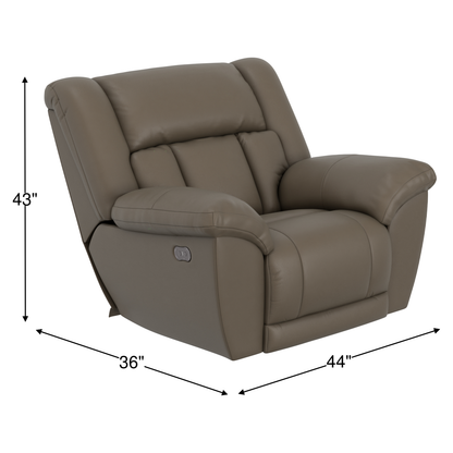 Hugo power recliner in taupe, front view with dimensions marked 36" x 44" x 43"