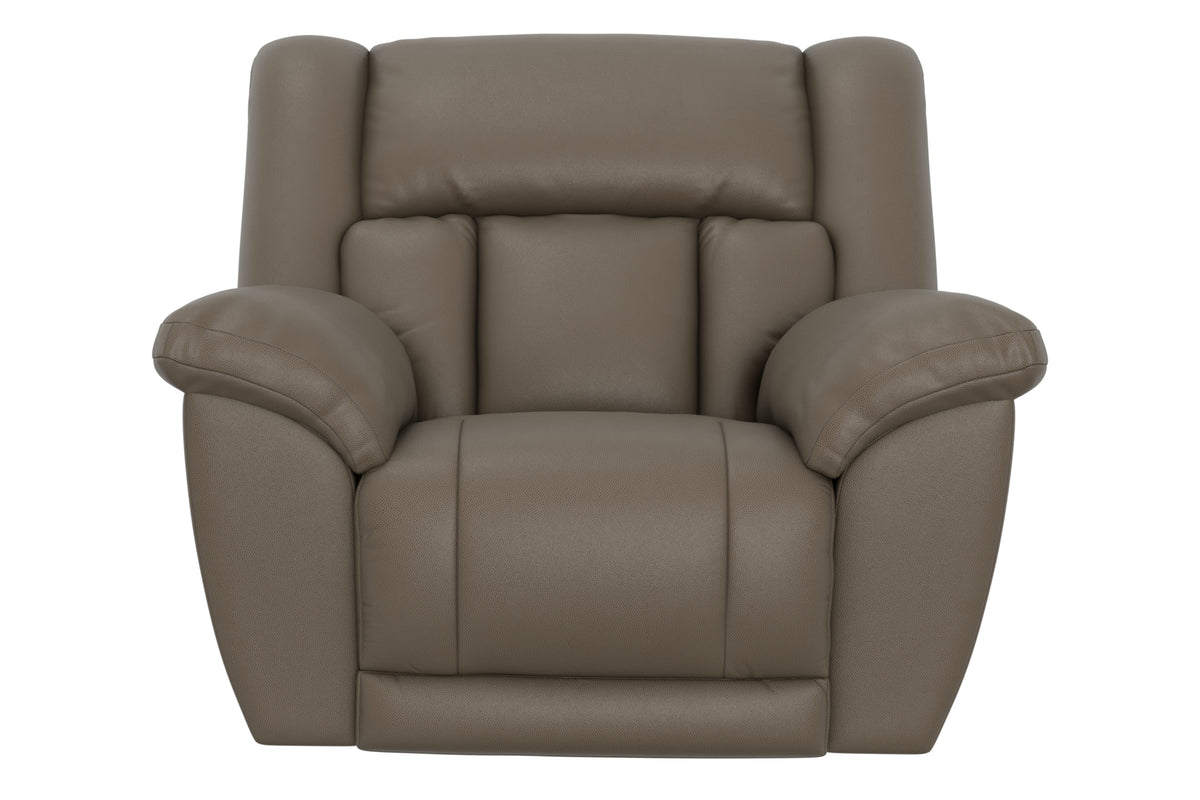 Hugo power recliner taupe, front view with contoured arms and cushioned back