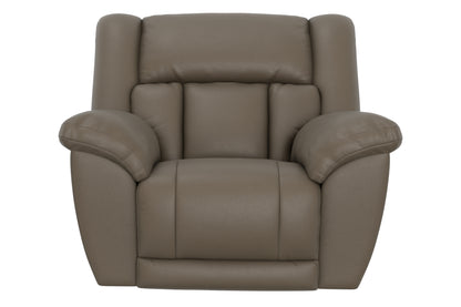 Hugo power recliner taupe, front view with contoured arms and cushioned back
