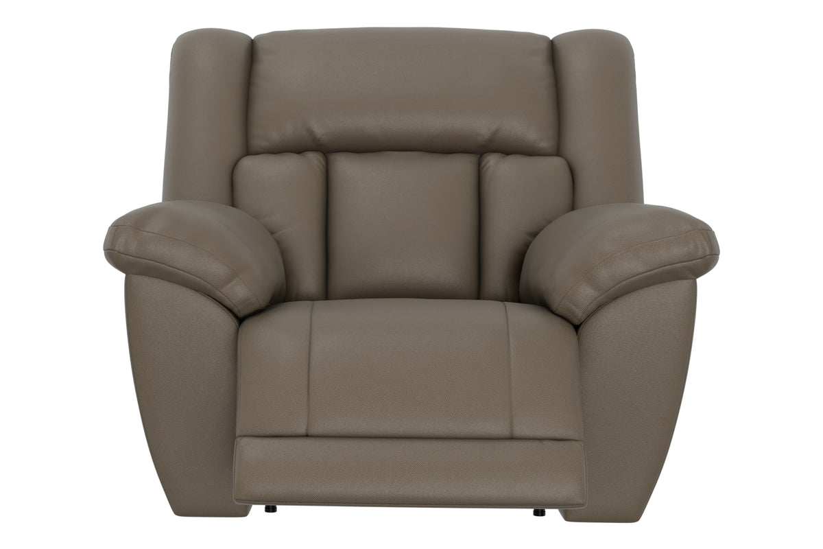 Hugo power recliner taupe, front view with rounded arms and two-piece seat cushion