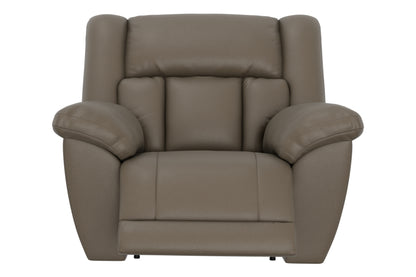 Hugo power recliner taupe, front view with rounded arms and two-piece seat cushion