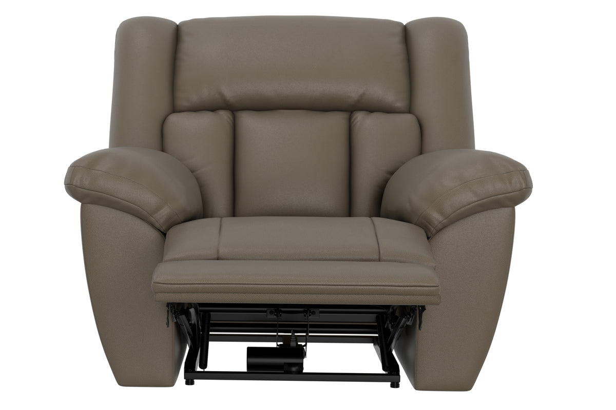 Hugo power recliner taupe, front view with raised footrest and visible leg frame