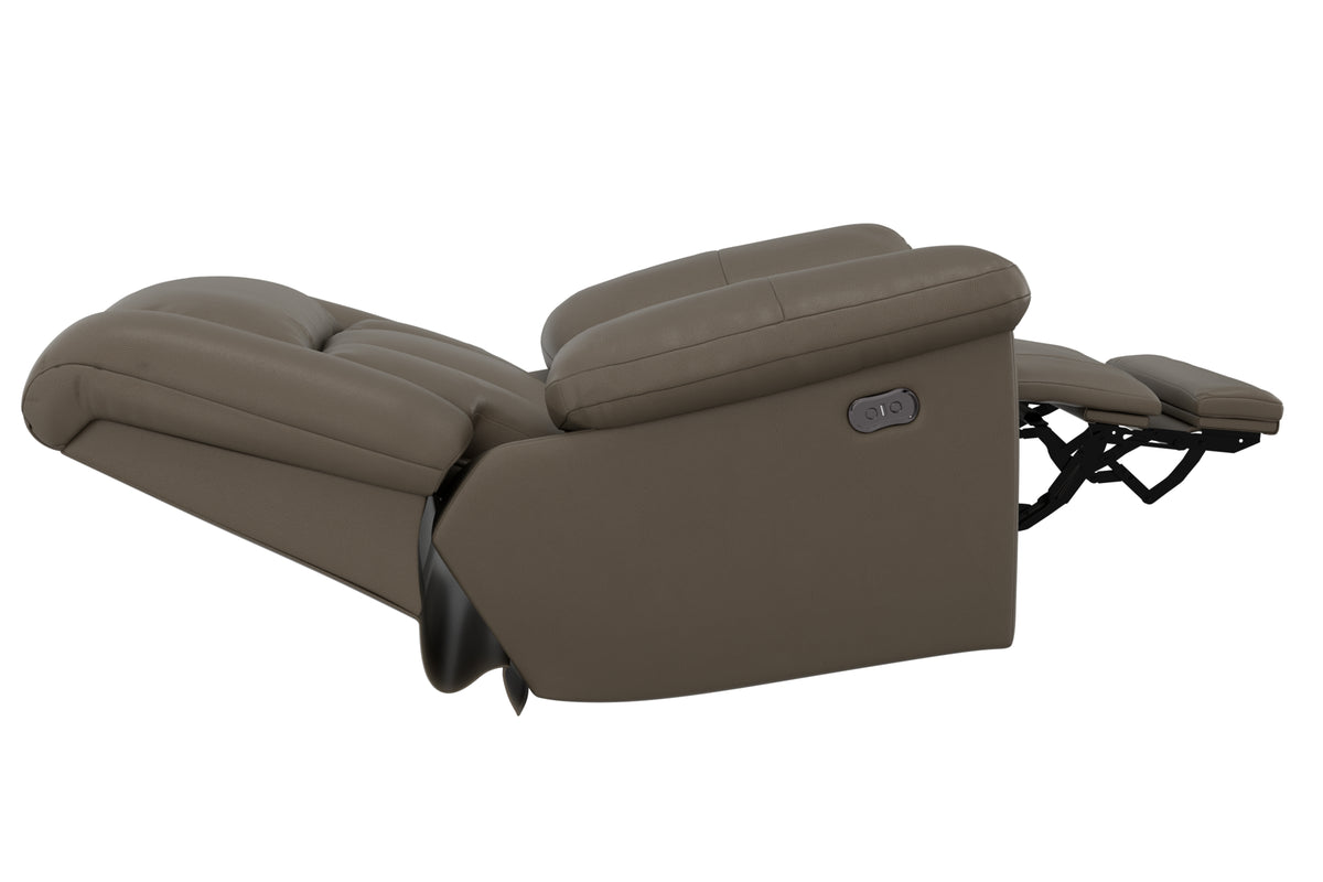 Hugo power recliner in dark smoke taupe, reclined leg support extended