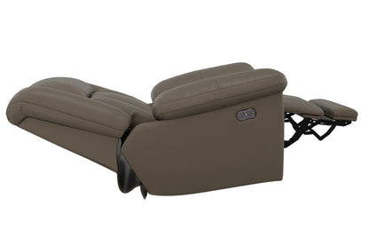Hugo power recliner in dark smoke taupe, reclined leg support extended