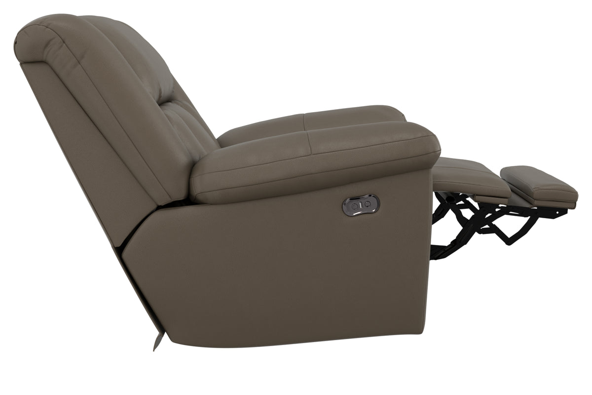 Hugo power recliner taupe, side view with control switch and extended footrest
