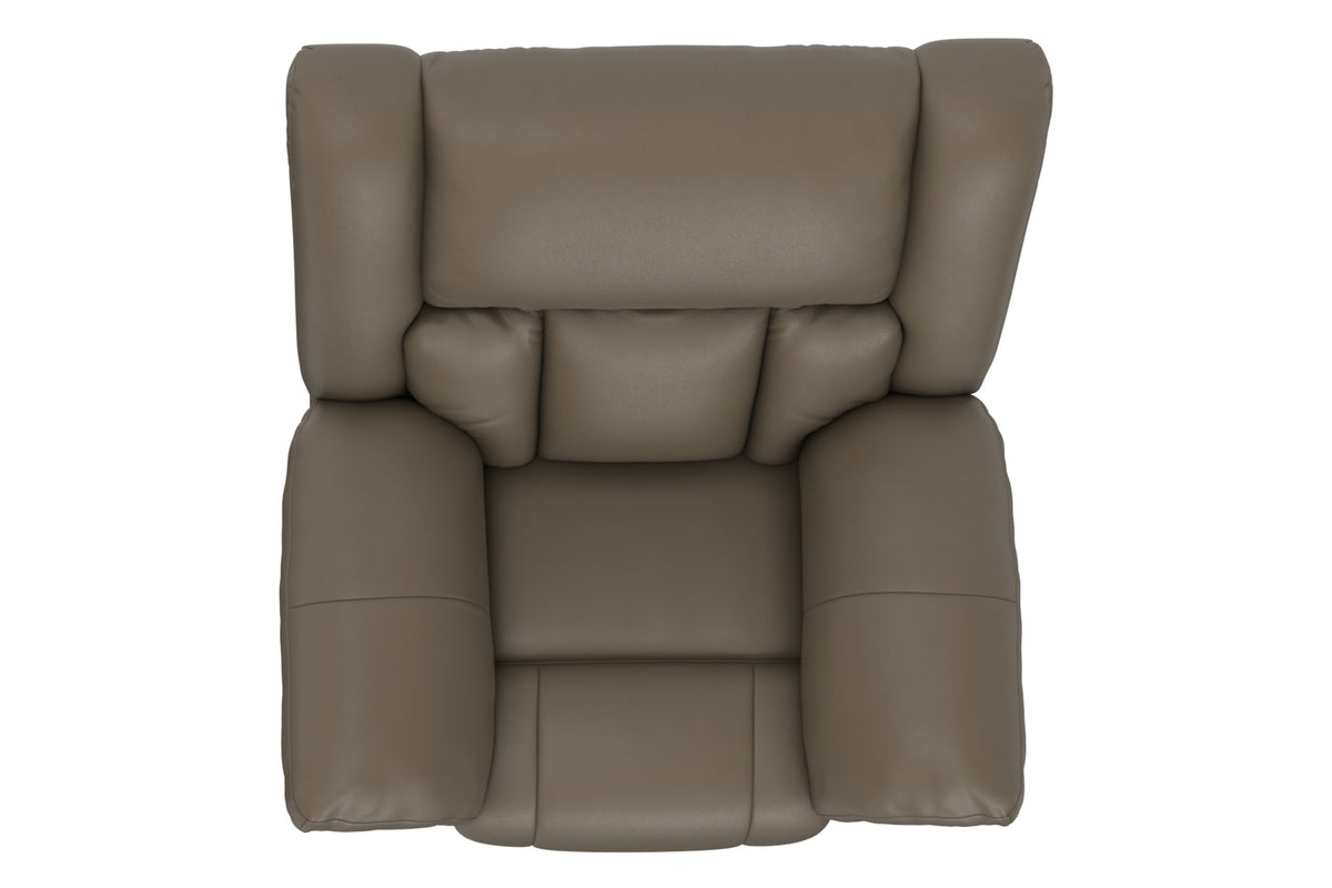 Hugo power recliner taupe, back view with tall backrest and padded arm panels
