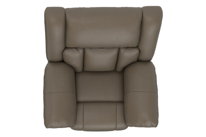 Hugo power recliner taupe, back view with tall backrest and padded arm panels