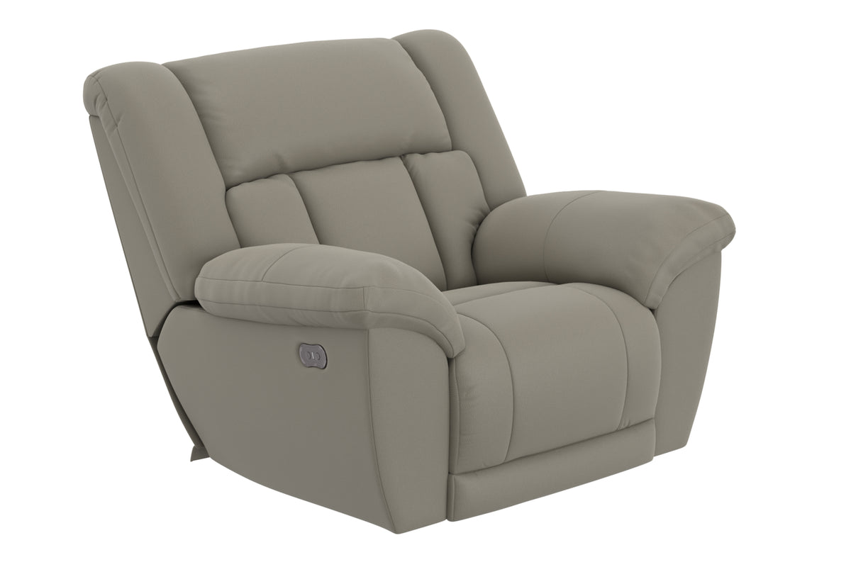 Smoke gray power recliner chair with padded arms and back, side control panel.