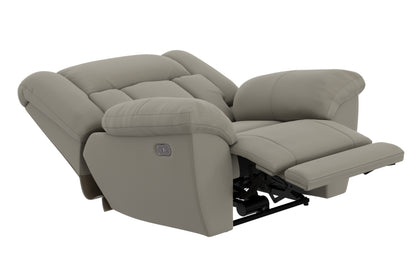 Hugo power recliner in light taupe, reclined seat with exposed power base