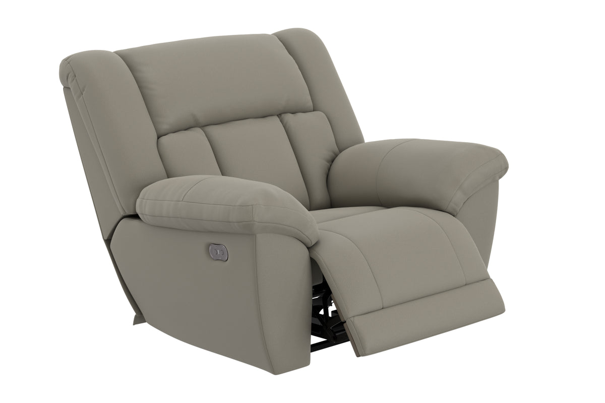 Taupe power recliner chair in reclined position with side control panel visible.
