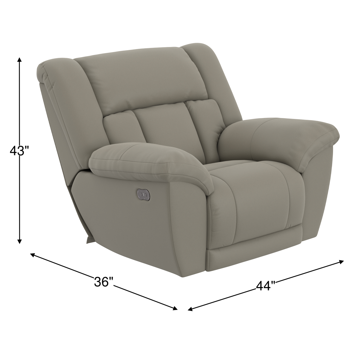 Smoke gray power recliner chair, 43H x 36W x 44D, padded arms.