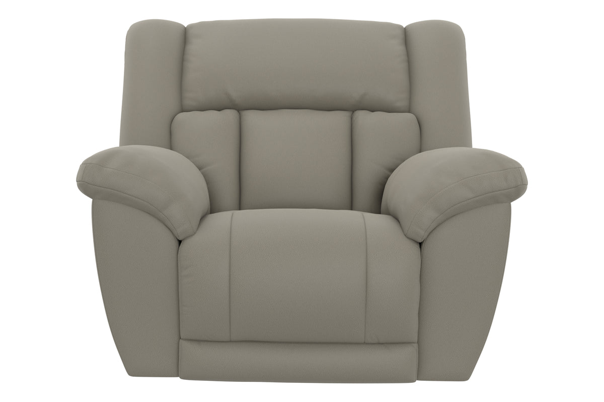 Hugo power recliner in light taupe, straight-on front view with armrests