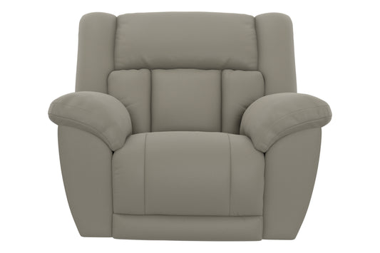 Hugo power recliner in light taupe, straight-on front view with armrests