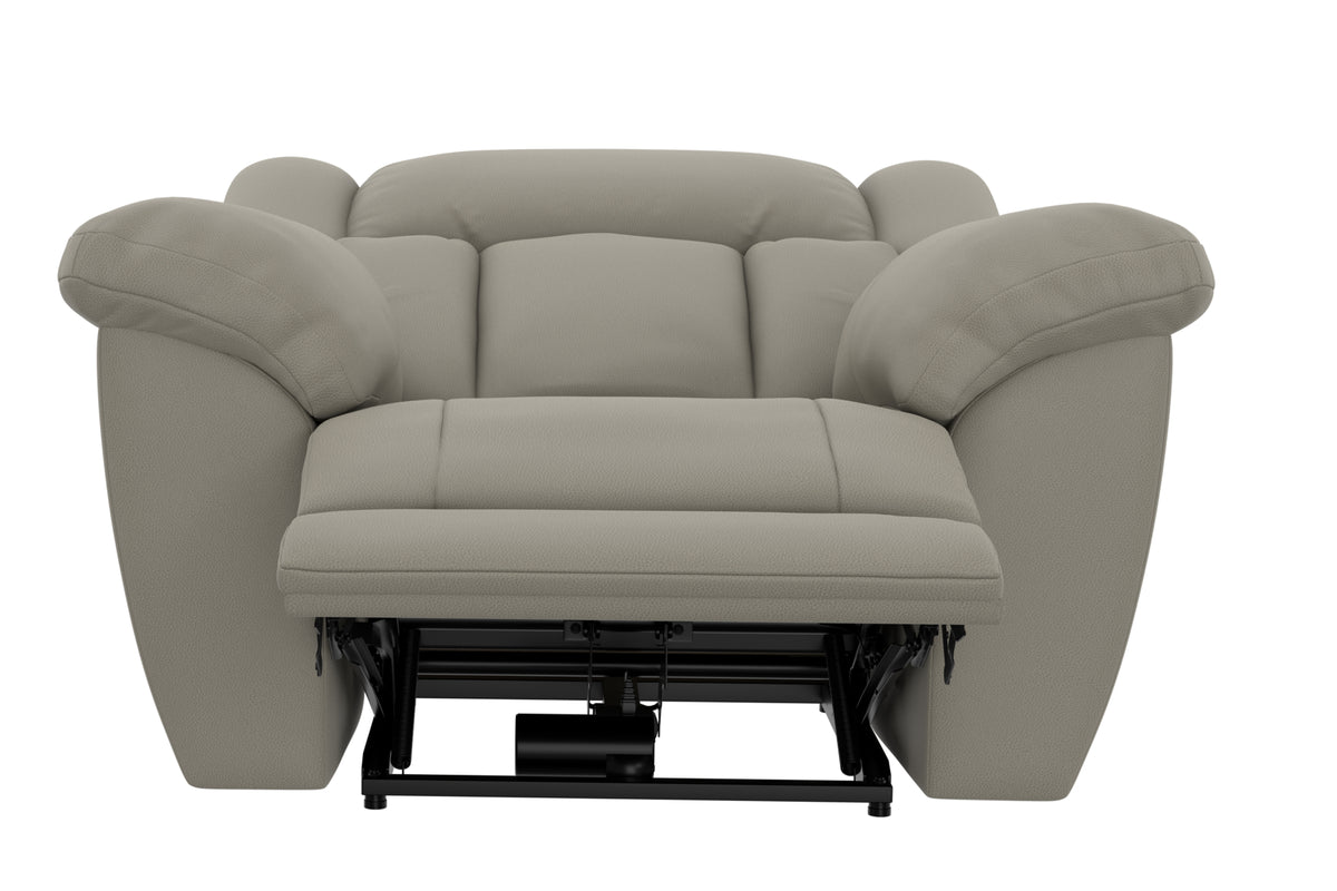 Taupe power recliner chair with padded arms, headrest, and centered control panel.