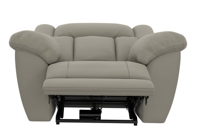 Taupe power recliner chair with padded arms, headrest, and centered control panel.