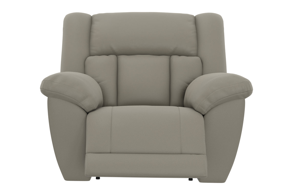 Taupe power recliner chair with padded arms and square seat cushion.