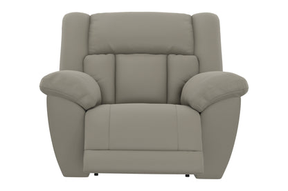 Taupe power recliner chair with padded arms and square seat cushion.