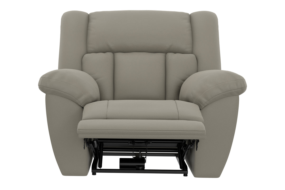 Hugo power recliner in taupe, front view with open base showing lift mechanism