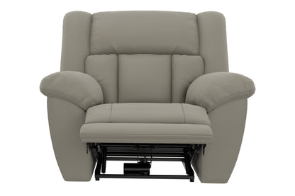 Hugo power recliner in taupe, front view with open base showing lift mechanism