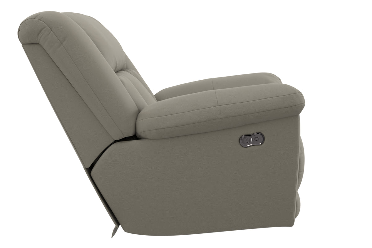 Taupe power recliner chair side view with contoured seat and cushioned armrests.