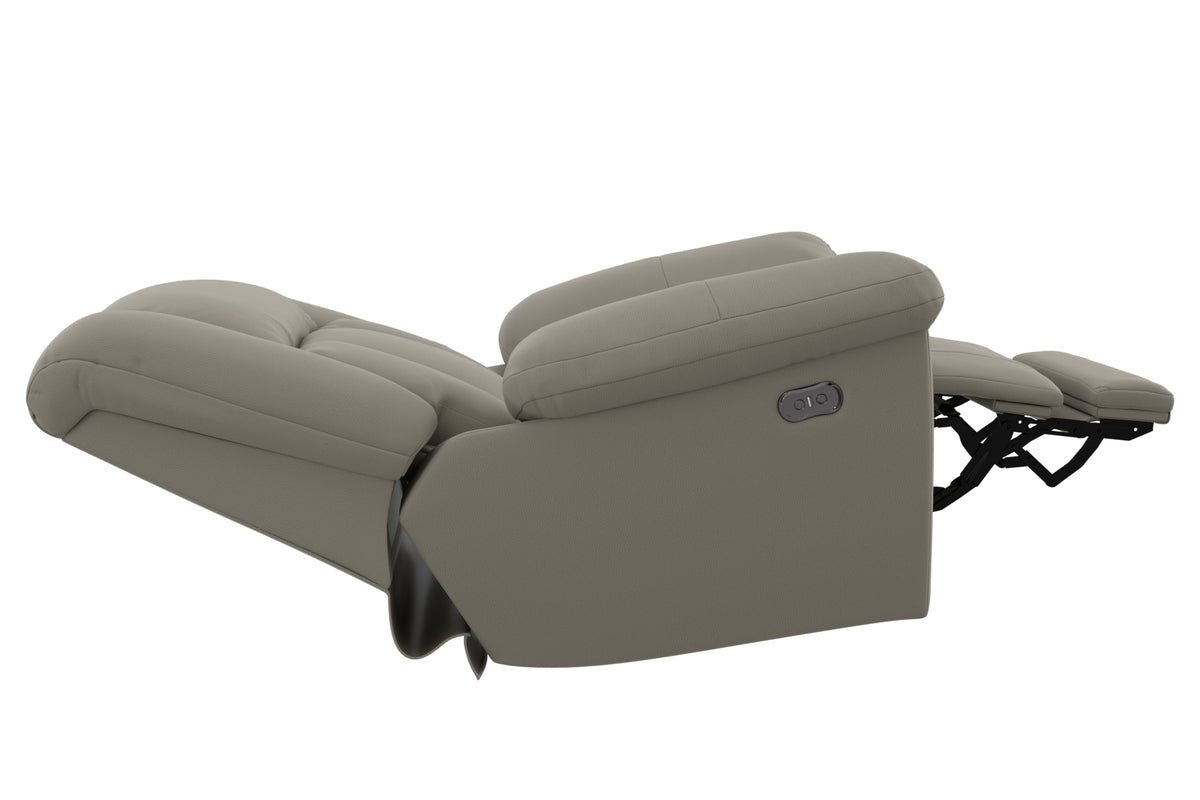Taupe power recliner chair with extended footrest and side control switch.