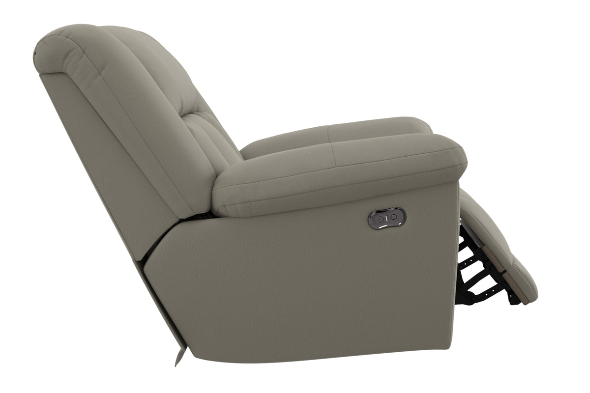 Hugo power recliner in taupe-gray smoke, recline position with side remote panel