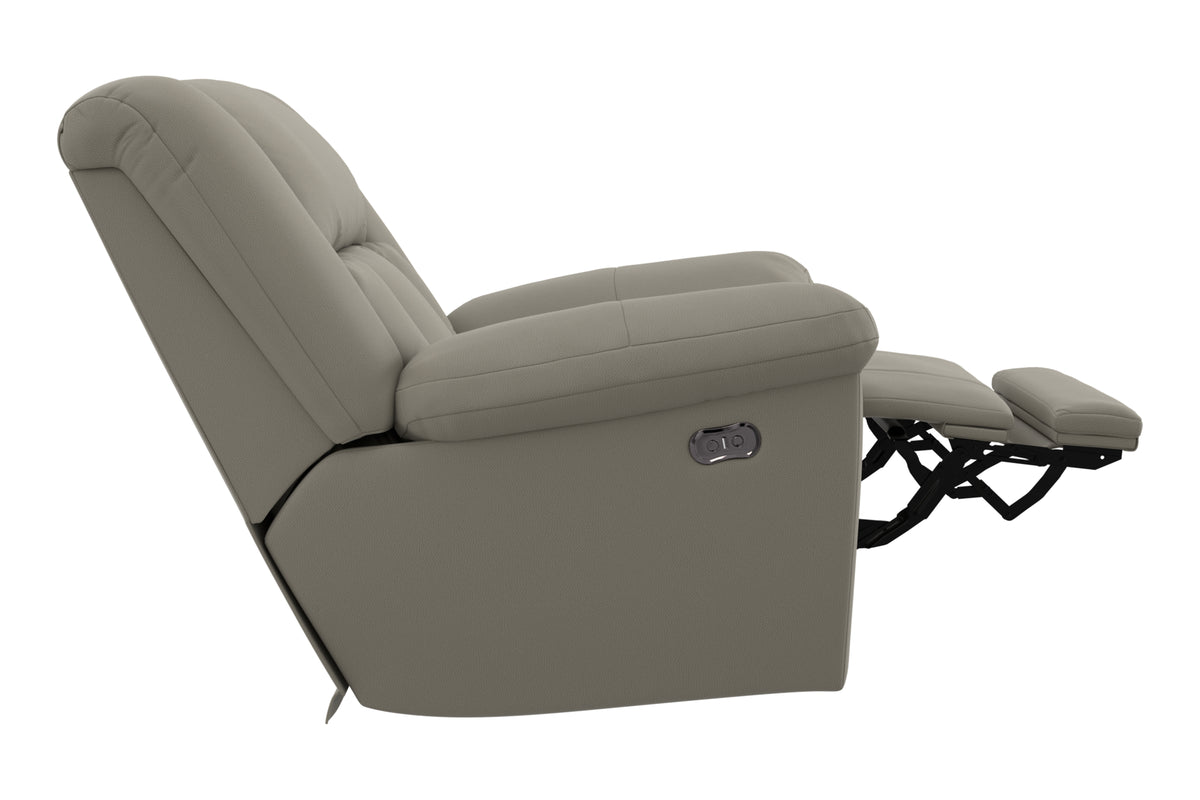 Hugo power recliner in taupe-gray smoke, side view with extended footrest