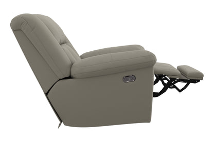 Hugo power recliner in taupe-gray smoke, side view with extended footrest