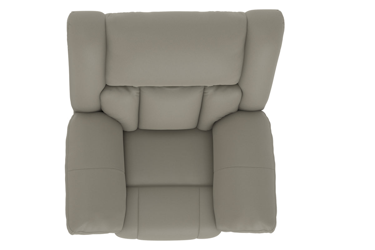 Taupe recliner chair with tall backrest, cushioned headrest, and thick padding.