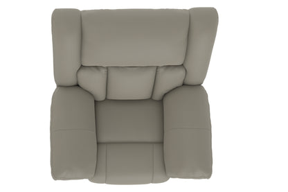 Taupe recliner chair with tall backrest, cushioned headrest, and thick padding.