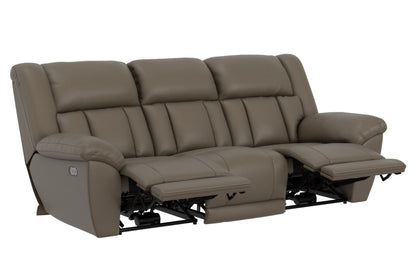 Power reclining sofa with footrests extended and reclining mechanism visible